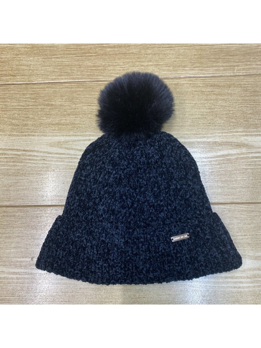 Anne Klein Womens Hat Faux Fur Pom Snow Black Beanie Winter Cable Knit